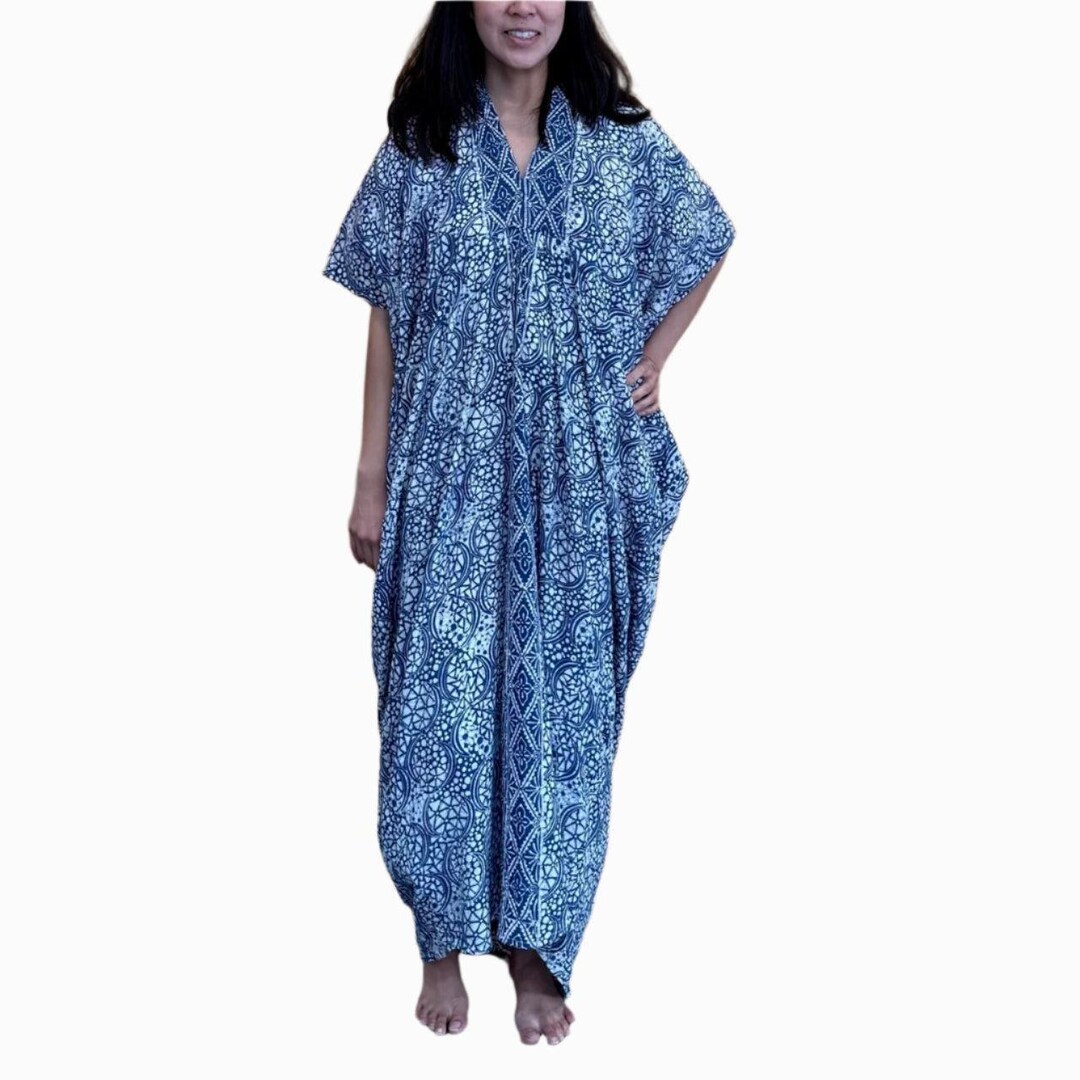 Hand Dyed Batik Kaftan Dress 100 Cotton Maxi, Long, Caftan, Blue, Loose, Plus Size, Island Luxe, Tropical Resort, White Lotus Inspired | MakerPlace by Michaels Hand Dyed Batik Kaftan Dress 100 Cotton Maxi, Long, Caftan, Blue, Loose, Plus Size, Island Luxe, Tropical Resort, White Lotus Inspired | MakerPlace by Michaels